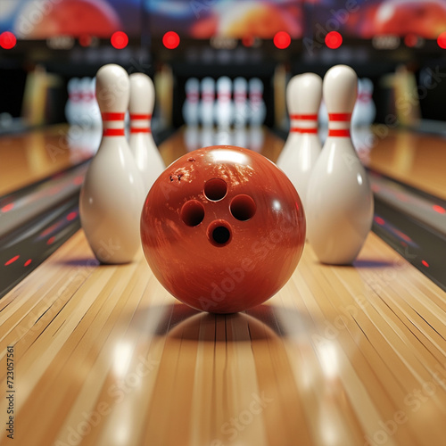 Close-up of a bowling ball hitting pins scoring a strike  ai technology