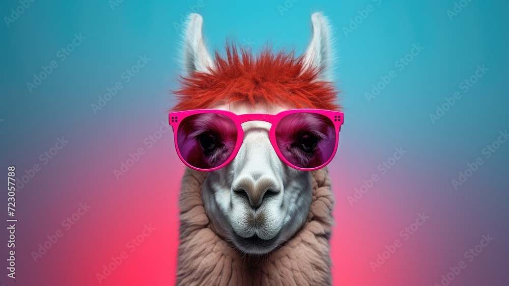 A llama stands wearing pink sunglasses and a red mohawk hairstyle.