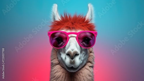 A llama stands wearing pink sunglasses and a red mohawk hairstyle. © pham
