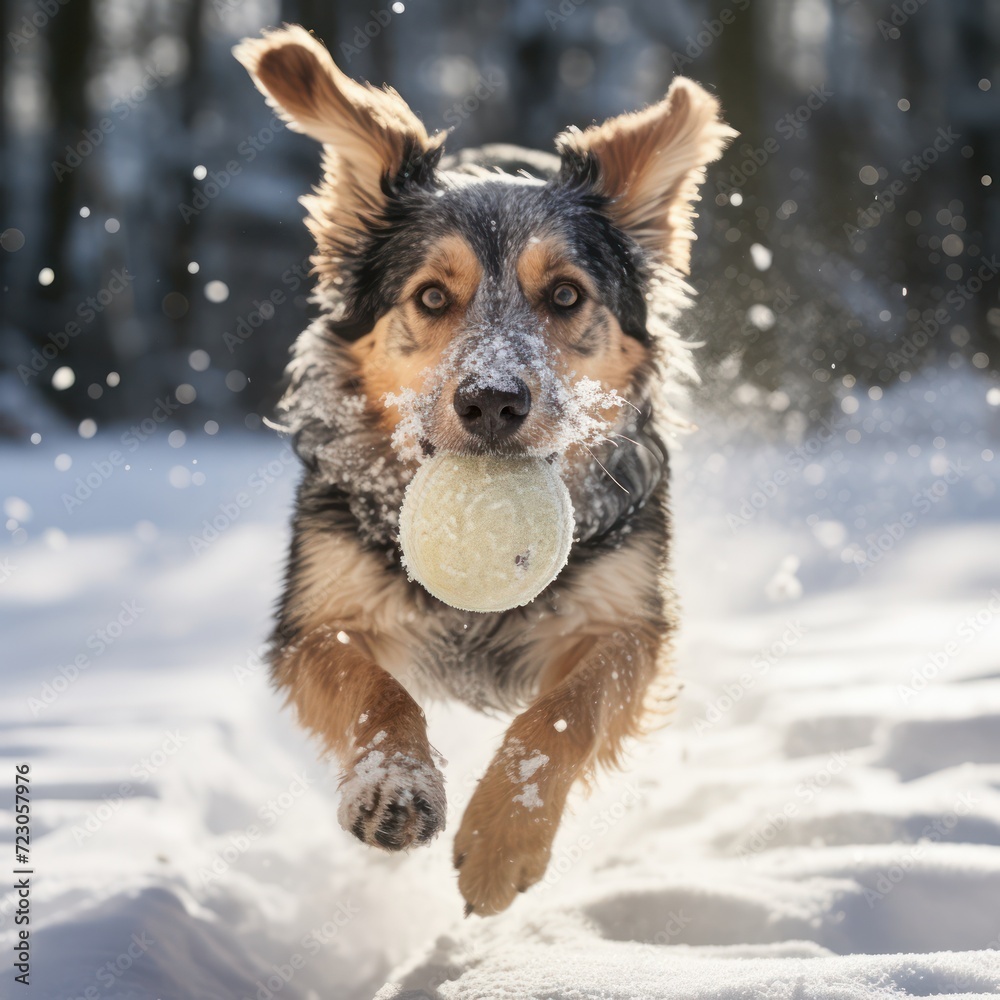 active dog Lammadore plays with a ball Run and play in the snow, surrounded by nature.