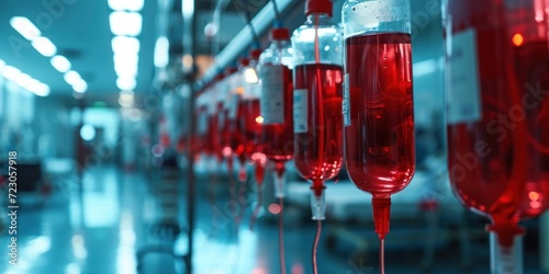 red IV drip bag for blood donation types at hospital recovery room, emergency ICU medical laboratory for health care and volunteer world blood bank donation as wide, Generative AI photo