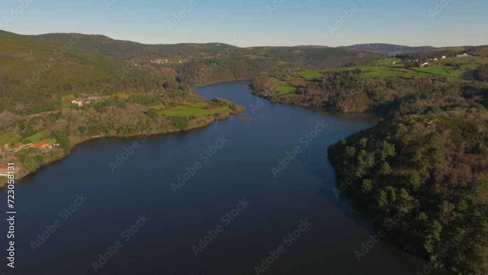 Reservoir On Xallas River In Ezaro, Dumbria, Spain. aerial pullback