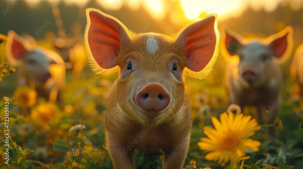 pigs on a field with amazing light pigs on a field with amazing light
