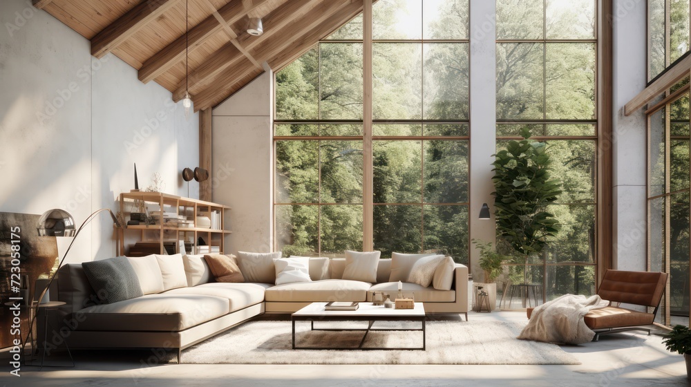 Fototapeta premium A Minimalist interior design of Mid-century loft home in a clear loft modern living room in house in forest. a room with morning sunlight streaming through the window.