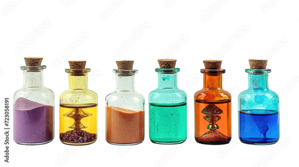 A collection of vibrant, cartoon-styled potion bottles in various colors and bubbling contents, corked and uncorked. Game design assets, transparent background A collection of vibrant, cartoon-styled potion bottles in various colors and bubbling contents, corked and uncorked. Game design assets, transparent background