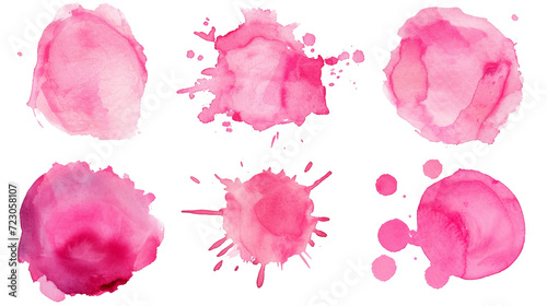 Pink watercolor blots of various shapes on a white background.