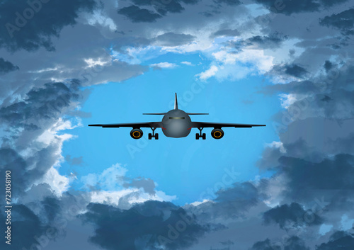 A jet airliner is seen through an opening in darkening clouds as it flies across an otherwise blue sky.