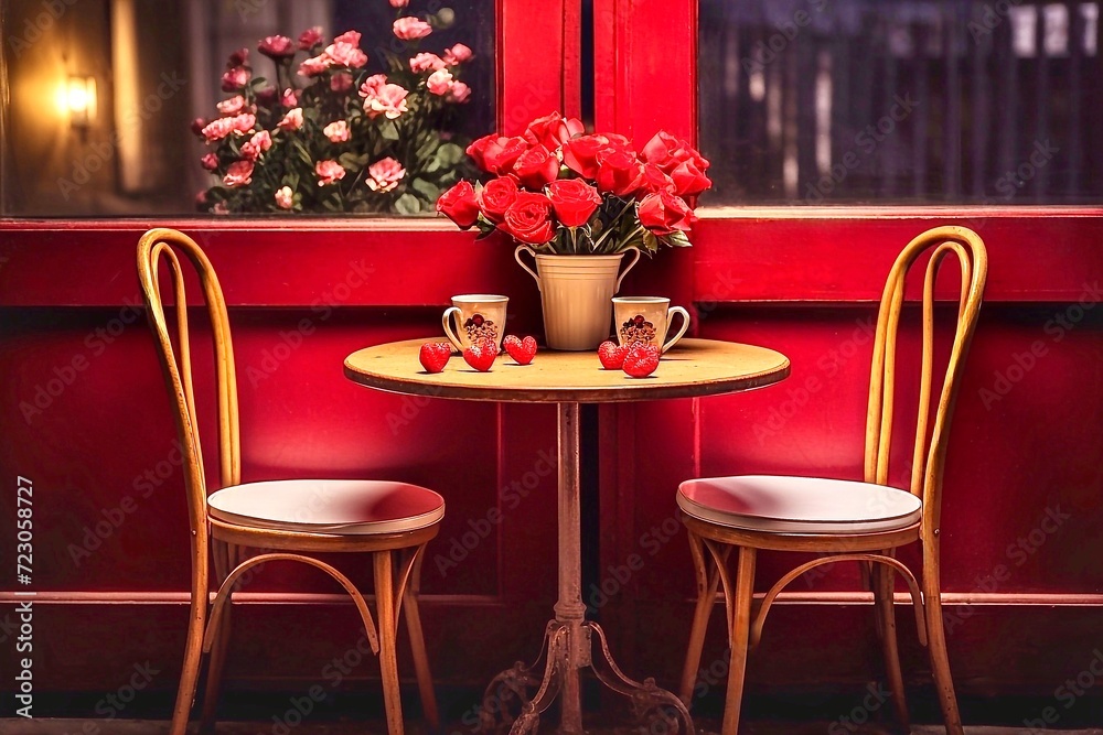 Coffee shop in Paris, France. Red roses in a vase on the table .Table and chairs in a restaurant