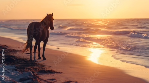 Silhouette of a beautiful brown domestic horse animal photography  standing on the sand beach during the golden hour sunset sky with clouds  ocean or sea waves in the background