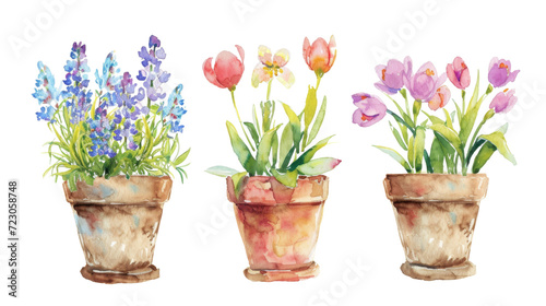 Watercolor painting of pink and yellow spring flowers in terracotta pots. photo