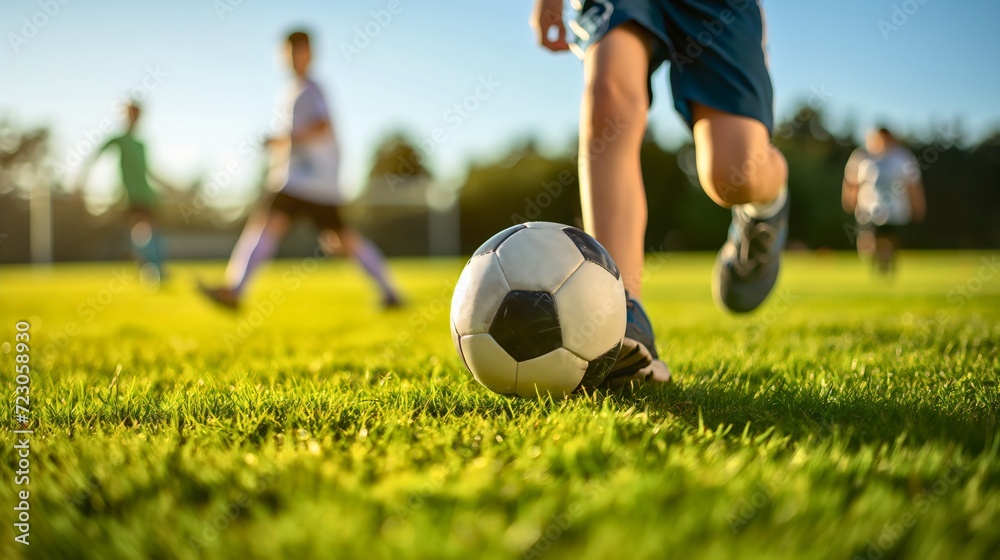 Obraz premium Group of boys playing soccer on the green grass field outdoors, running after the black and white soccer ball. Male kid or child kicking the ball, children sports activity recreation