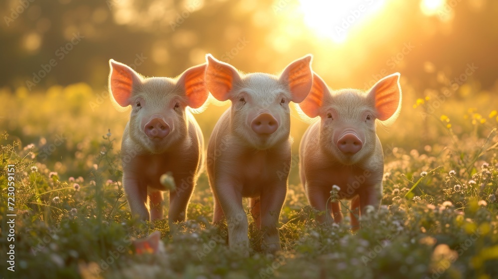pigs on a field with amazing light pigs on a field with amazing light