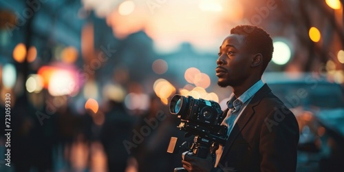 man public black speaker giving speech in front of tv camera or breaking news reporter covering live news media and television press headlines standing in the middle of the street holding GenerativeAI