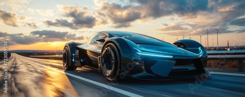 futuristic EV car or luxury sports car fast vehicle on highway with full self driving system activated for transportation autonomy concepts as wide banner with copy space area - Generative AI
