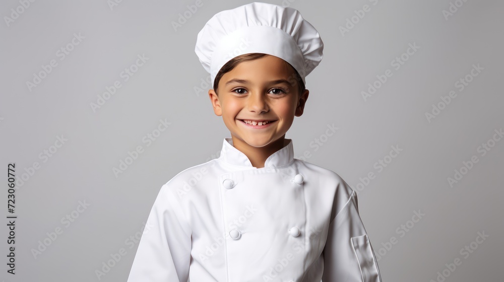 A Cooking, happy boy wearing chef's uniform. Little cook and kitchen equipment. Cooking concepts in the chef profession On empty space on white transparent background isolated A Cooking, happy boy wearing chef's uniform. Little cook and kitchen equipment. Cooking concepts in the chef profession On empty space on white transparent background isolated