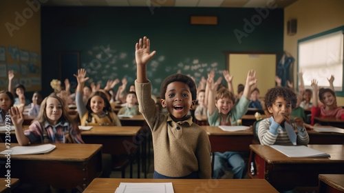 Children raise their hands in class