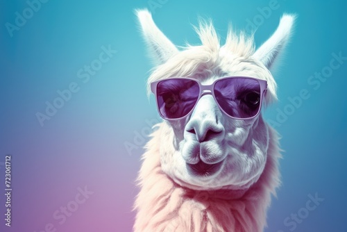 A llama is seen wearing sunglasses while standing against a vibrant blue background.