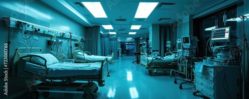 recovery ICU intensive care unit room ward with life support at hospital medical care emergency, biometrics and urgent monitoring of patient health care service banner with copy, Generative AI