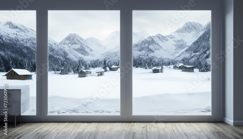  room with a cream colored wooden floor, a white room with a winter atmosphere, covered in snow.