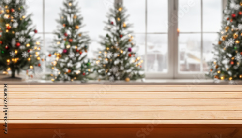 Wooden table with winter background and Merry Christmas.