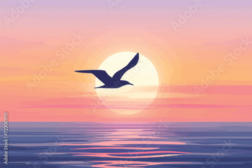 Flying birds silhouettes on sunset sky, Birds flying over the sea, sunset in the sea