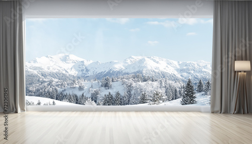 room with a cream colored wooden floor, a white room with a winter atmosphere, covered in snow.