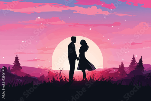 Silhouette of a couple, silhouette of a romantic couple enjoying beautiful sunset