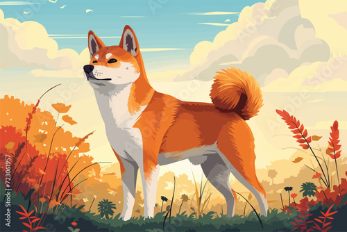 Cute shiba inu puppy dog outside in the blue sky