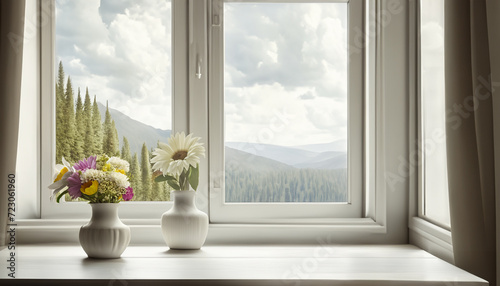 The vase in the room is white, simple, with a window with a mountain view, quiet, minimalist.