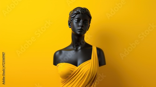 A classical statue draped in a vibrant yellow fabric against a striking yellow background, blending ancient art with modern aesthetics.