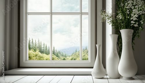 The vase in the room is white, simple, with a window with a mountain view, quiet, and minimalist.