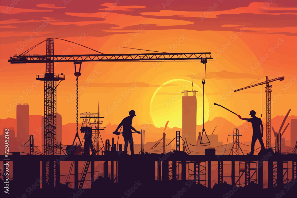 Construction workers at sunset, Cement Pouring, Silhouette construction worker,  Civil Engineer