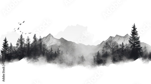 A Black and white mountain range, landscape, tree symbols, stencil vector illustration.