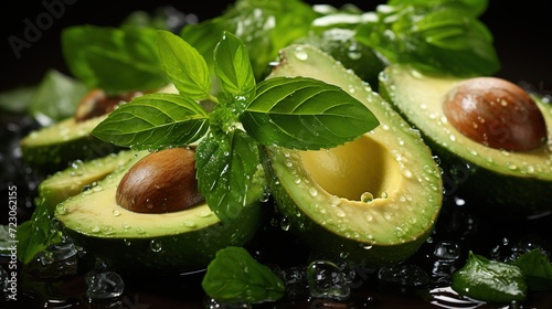 Freshly cut avocados adorned with vibrant basil leaves, glistening with water droplets on a dark background.