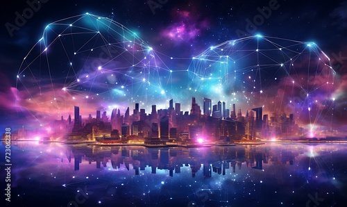 Metaverse digital world cyber space background, neon colorful global world in cyber space, future energy power technology and internet connection concept. Generative Ai