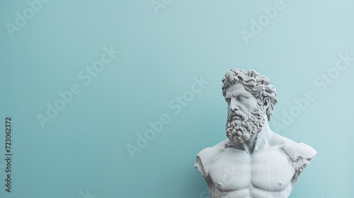 A classic bust sculpture set against a pale blue background, displaying intricate details and timeless artistic expression.