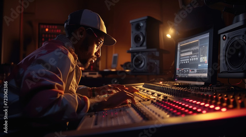 Back view of a musical producer, headphones clad, creating rhythmic resonance in the recording studio