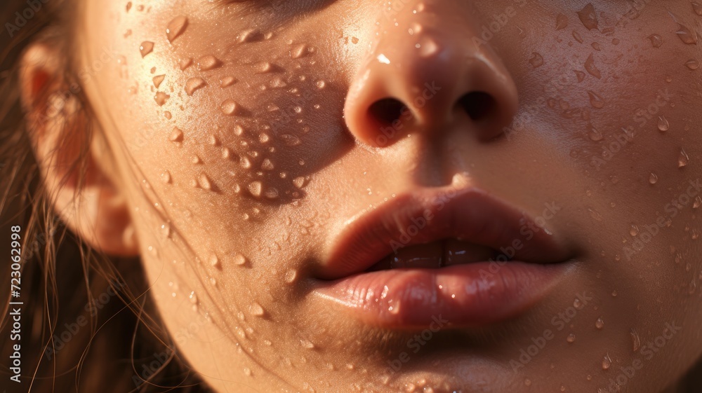 A close-up photograph capturing a womans face with droplets of water on her skin.