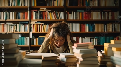 A young woman experiencing stress and mental exhaustion, surrounded by towering stacks of books, in a library setting, symbolizing academic pressure.