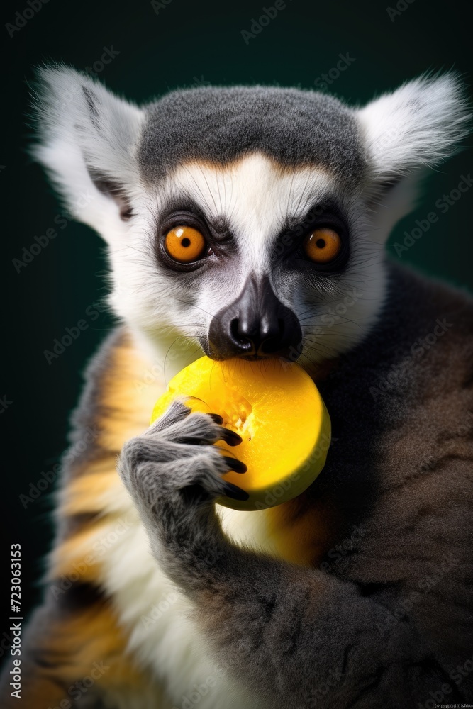 Obraz premium A lemur grips a piece of fruit with its mouth, showcasing its ability to manipulate objects.