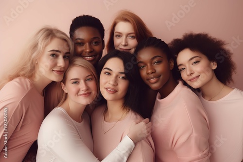 Multicultural women posing together. Gorgeous diverse female models hugging portrait. Generate ai