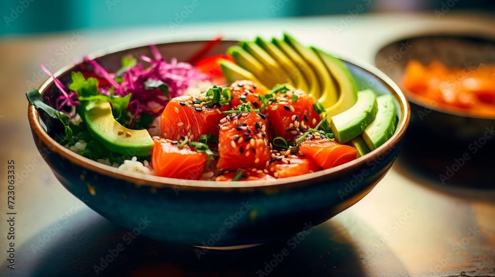Poke bowl with fresh marinated salmon and variegated vegetables, green onions and microgreens. Poke bowl with fresh marinated salmon and variegated vegetables, green onions and microgreens.
