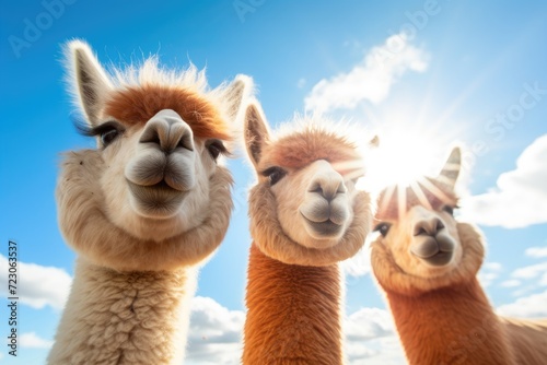 A group of llamas, with their heads held high, standing next to each other in a lush green field.
