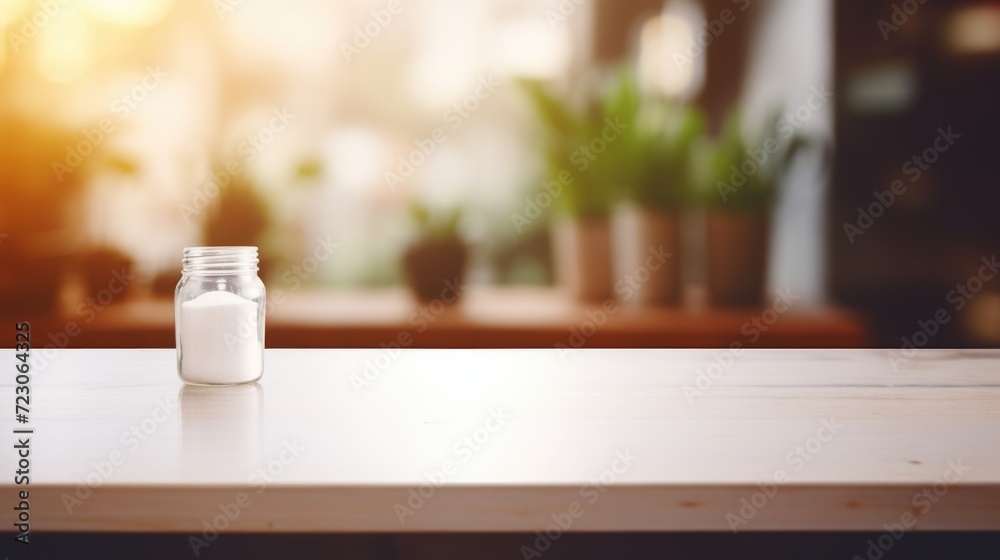Salt container on the wooden kitchen table. Generative ai Salt container on the wooden kitchen table. Generative ai