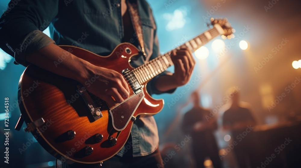 Fototapeta premium Musician playing the guitar close up at a musical concert. Generative ai