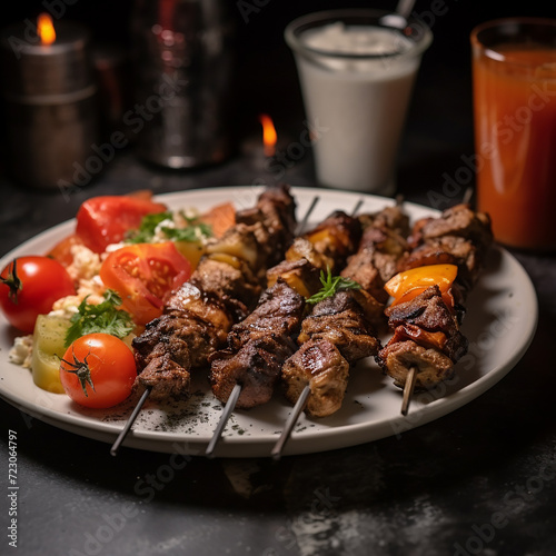 shish kabab on skewers with salad made with generative ai