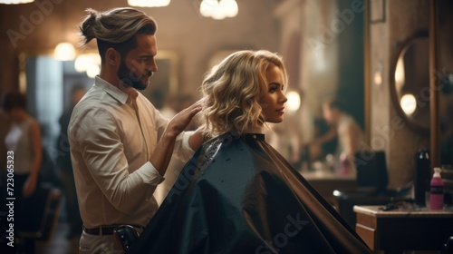 Wallpaper Mural A woman in a saloon getting a haircut from a male hairdresser. Generative ai Torontodigital.ca