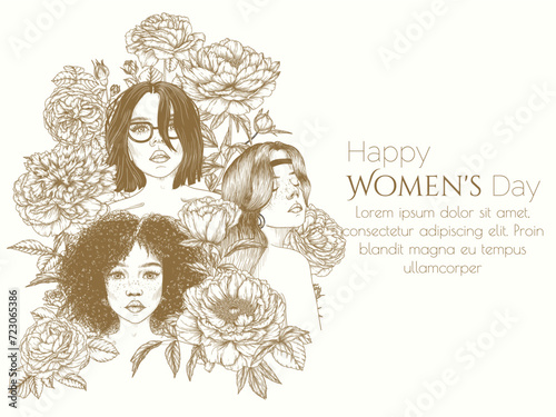 Vector illustration of 3 different girls in peony and rose flowers. Card for March 8th. World Women s Day