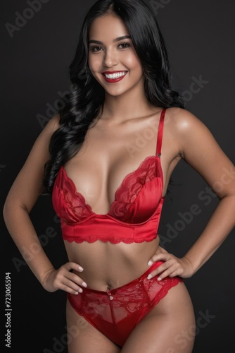 Beautiful latin young smiling woman model with long black hair in sexy luxury red lingerie on dark background. Generative AI