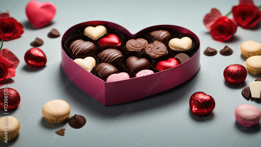Beautiful Red Chocolate Hearts Candies in Red Box Shape of Heart on Pink Background St Valentine Day Background Dessert Beautiful Red Chocolate Hearts Candies in Red Box Shape of Heart on Pink Background St Valentine Day Background Dessert